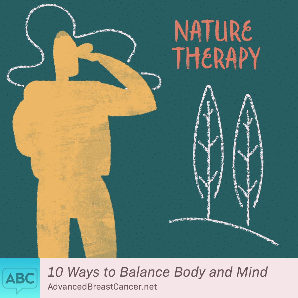 A person with a backpack gazes at trees in the distance